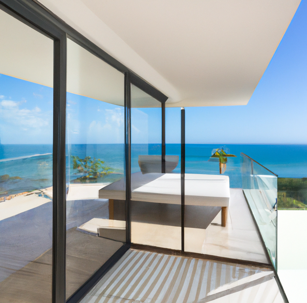 Beautiful modern villa with glass balcony overlooking ocean