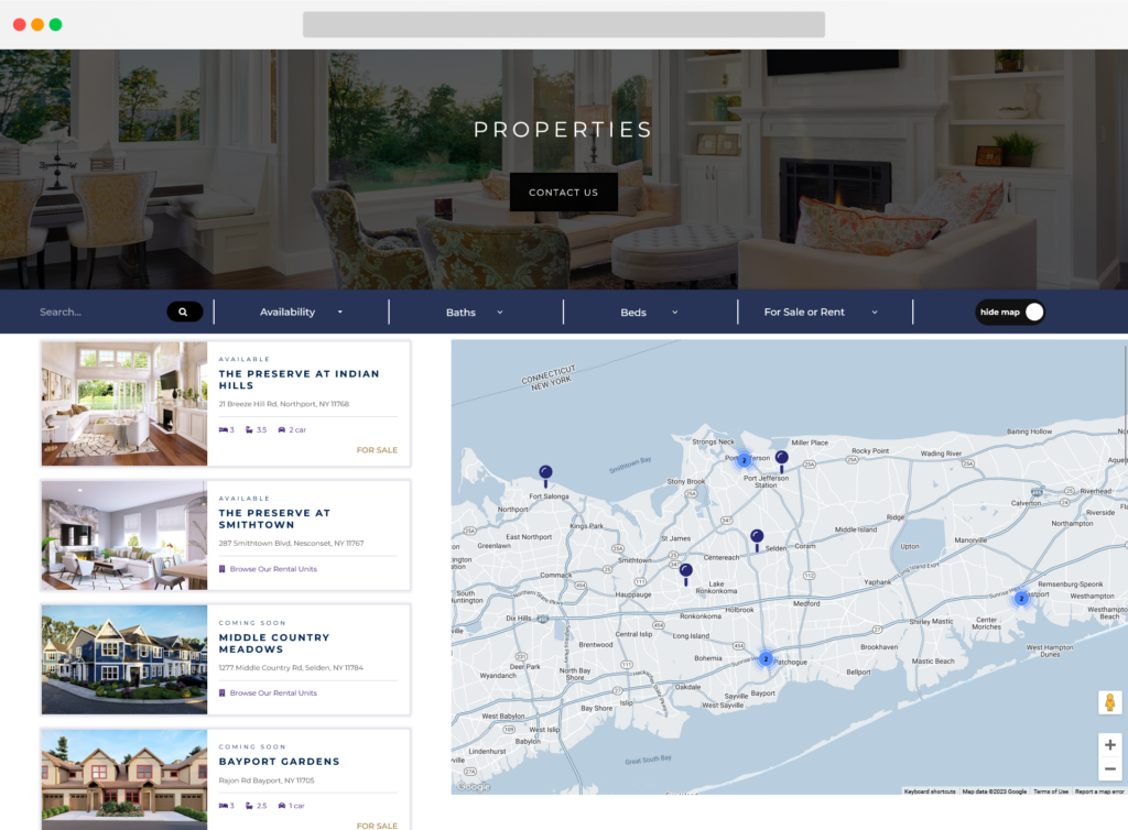 Properties portfolio page with property listings and filtering capabilities